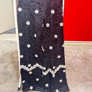 Alexis Chic Black Lace Pants with White Floral Design. Size Medium.